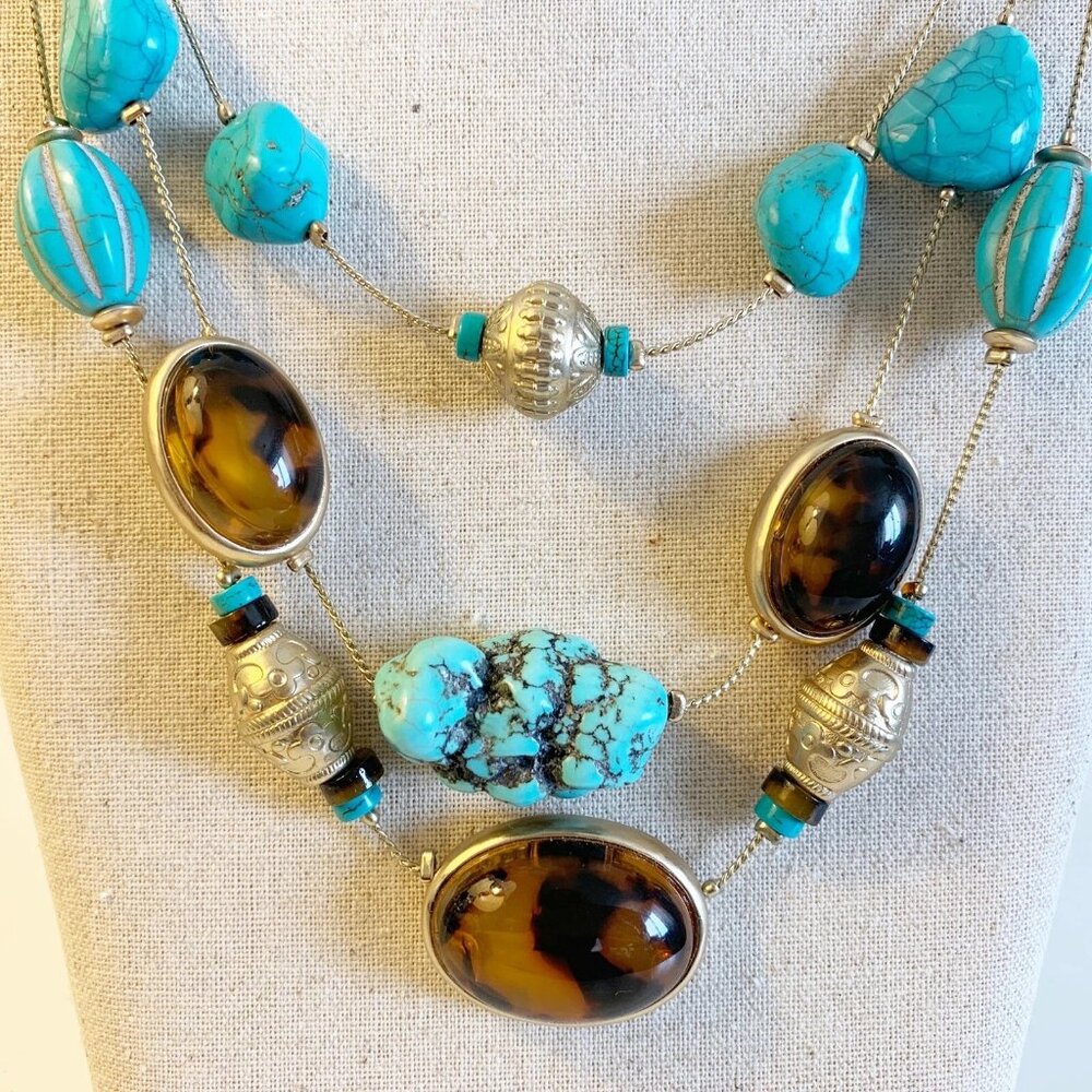 Chico's Necklace 3 Strand Faux Turquoise Stones Howlite Wood Claw Clasp NWT